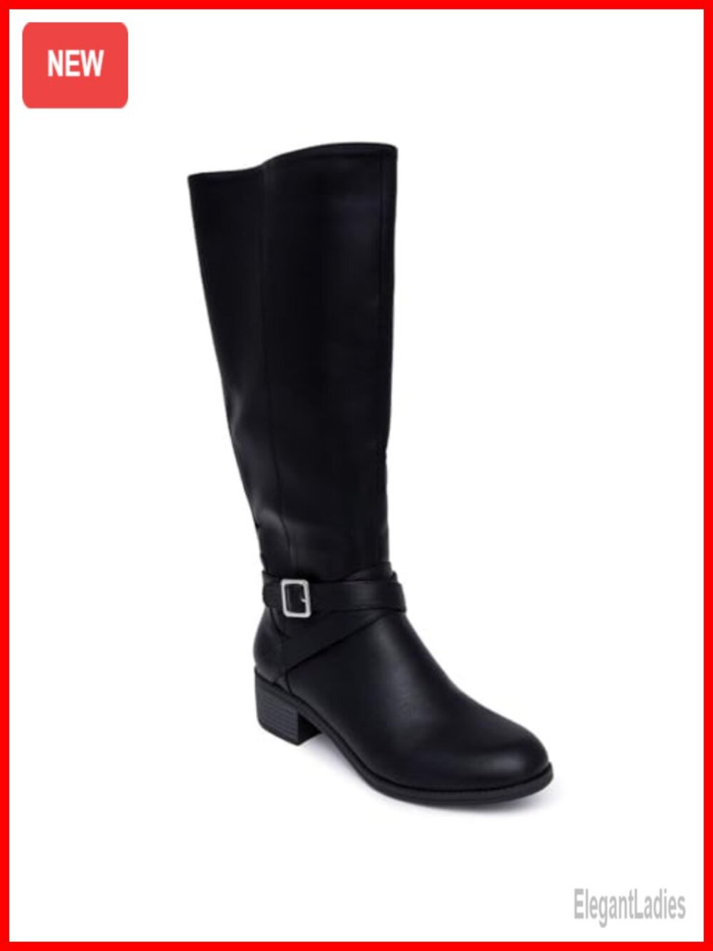 Knee-High Faux Leather Riding Boots with Buckle & Zip